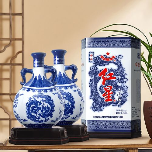北京红星二锅头 青花瓷珍品扁龙瓶52度清香型白酒整箱装750ml*6