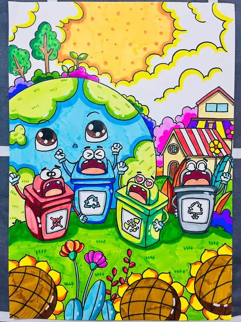 【垃圾分类主题画】垃圾分类主题画来了,快来和小丫老师一起画一 - 抖