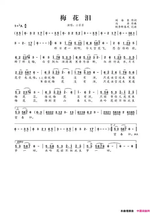 梅花泪简谱-云菲菲演唱-刘海东/冯丹词曲1