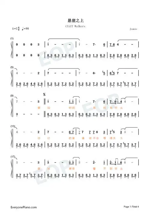 悬崖之上-简单版-悬崖之上主题曲-钢琴谱文件(五线谱,双手简谱,数字谱