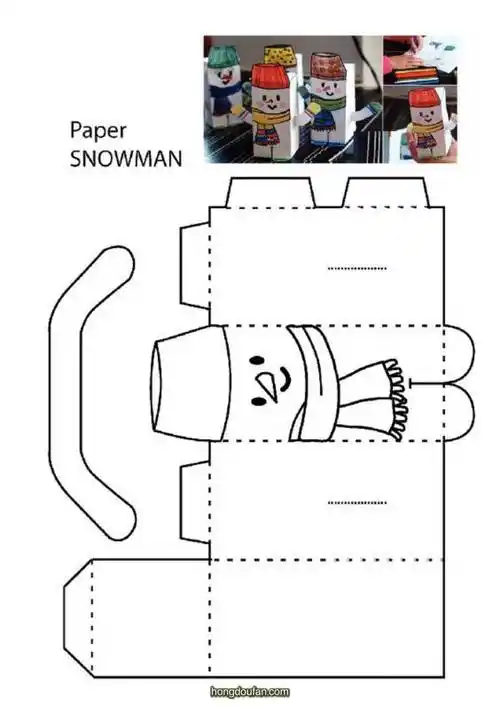 立体手工纸模图片下载卡通立体雪人笔筒可填色手工图纸下载