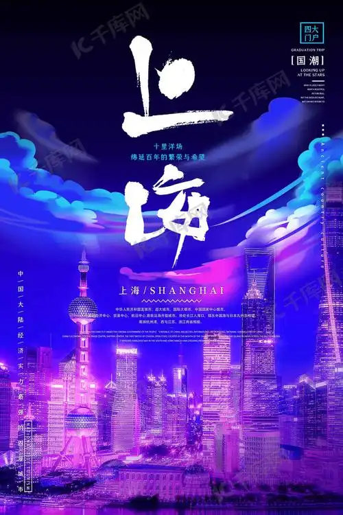 城市地标上海夜景蓝紫渐变赛博朋克风海报套图海报模板下载-千库网