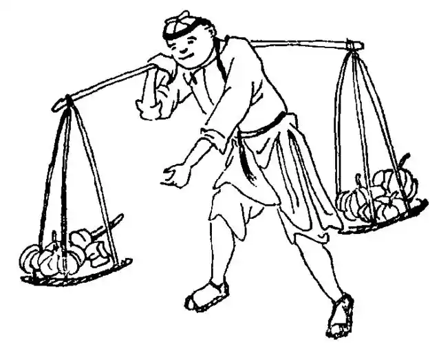 其肩挑南瓜担子,担子平底无框,以便其中放置的南瓜让人一看便知,更有