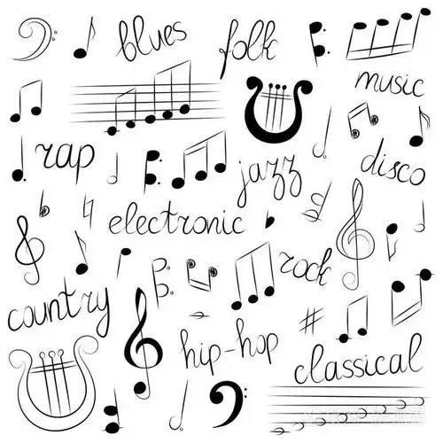 手绘组音乐符号和样式.涂鸦的高音谱号, 低音谱号, 笔记和七弦琴.
