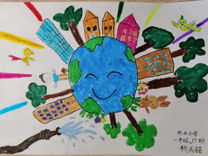 小学一年级(13)班倡导"保护环境,保护地球,热爱我们的家园"主题绘画