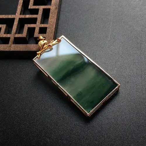 冰种飘花镶玫瑰金平安无事牌挂件翡翠