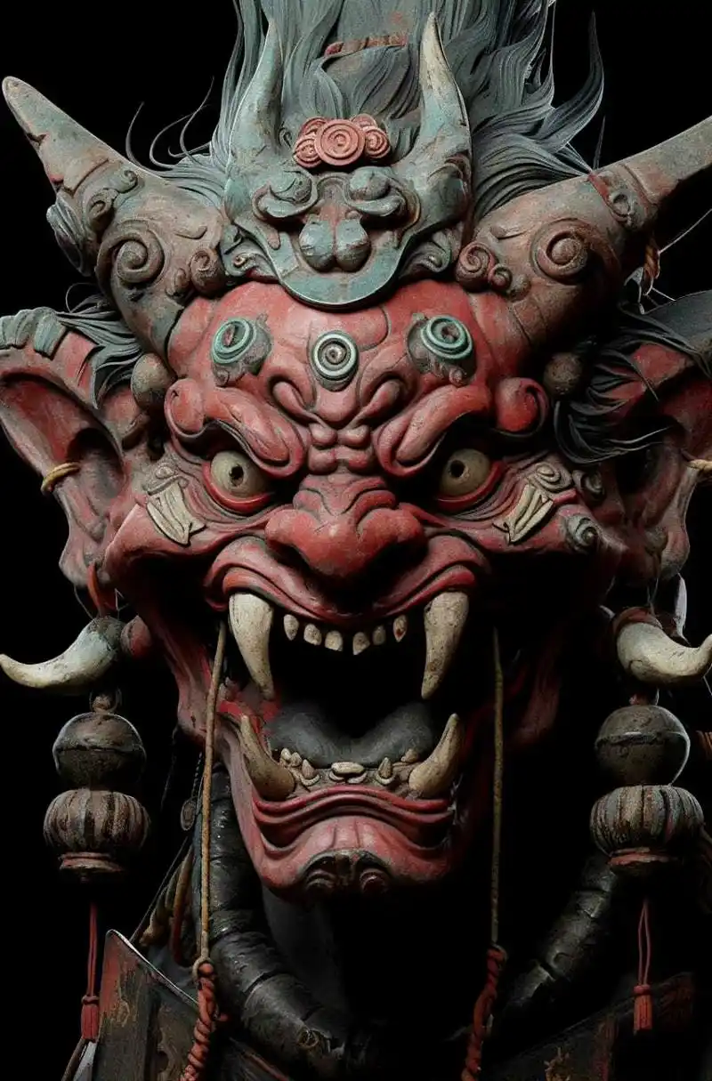 一组ai生成的鬼怪面具,有点像造像之中的怒目金刚.