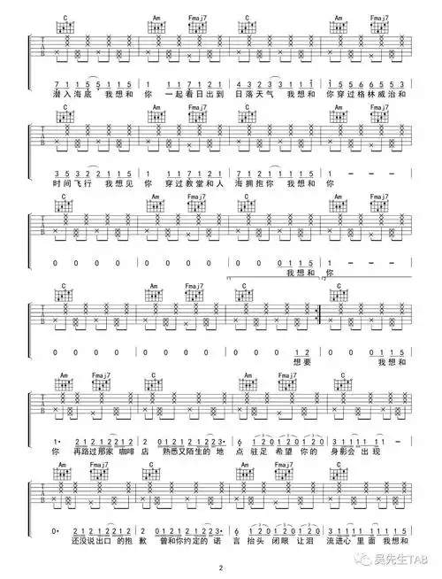 沈以诚失眠飞行吉他谱c调版六线谱进阶版简单版吉他谱