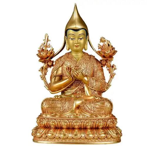 藏村 宗喀巴大师佛像西藏密宗全鎏金铜佛像7寸纯铜雕花供奉摆件