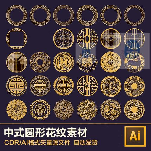 传统中式圆形花纹图案cdr/ai矢量中国风古典纹样元素装饰设计素材