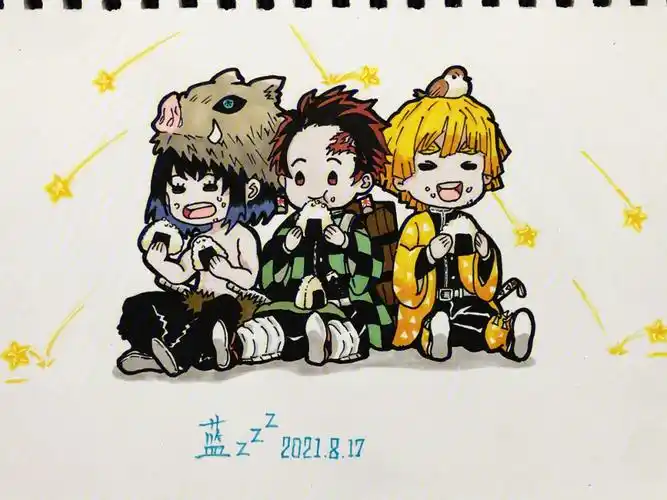 鬼灭之刃q版仨可爱马克笔手绘