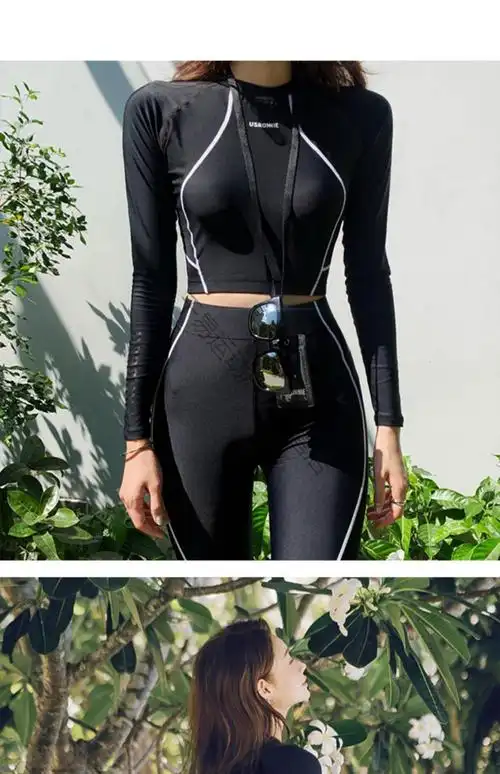 半藏森林明星网红同款黑色长袖显潜水服速干分体温泉泳衣女龙之火 裙