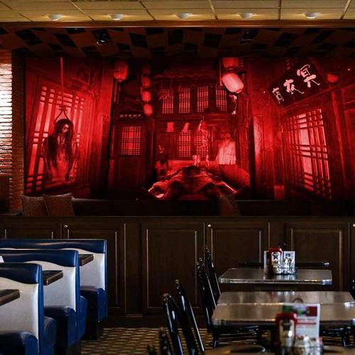 复古红色鬼屋背景墙纸恐怖压抑密室逃脱壁纸轰趴馆剧本杀惊悚壁画