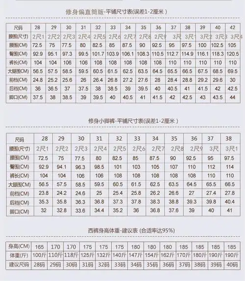 男士西裤尺码参考表