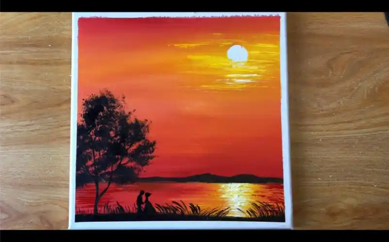 丙烯画/火红夕阳景色/简单风景画/初学者绘画入门教程/简单绘画#88