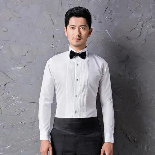 男士演出礼服衬衫舞台大合唱男长袖白色修身衬衣伴郎领结衬衫男