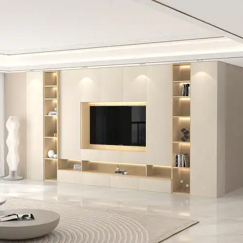 轻奢奶油风客厅满墙电视柜岩板台面一体柜组合置物柜壁柜全屋定制