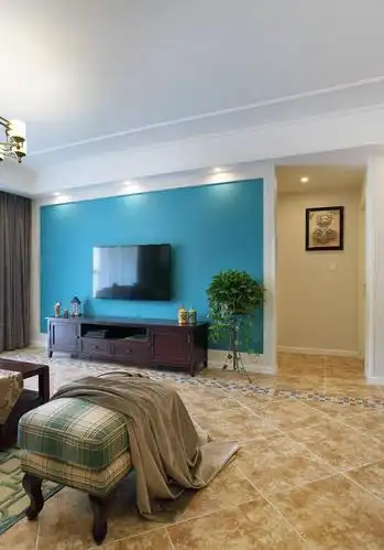 简约欧式客厅蓝色电视背景墙装修效果图