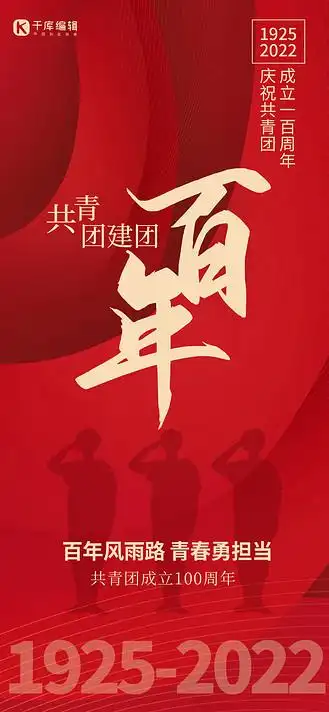 共青团100周年剪影 纹理红色大气全屏海报