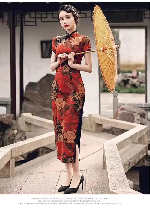 夏季短袖复古中国风碎花旗袍礼服妈妈装显瘦遮肚开叉包臀气质长裙