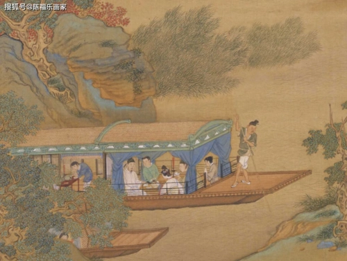 图上主客共饮分别酒,旁边一舟微露船头,船上商人妇忧伤的弹着琵琶