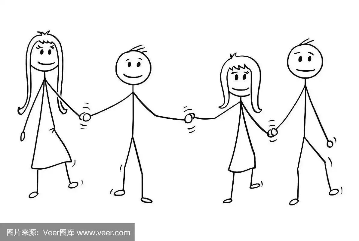 四个孩子,男孩和女孩,手牵着手一起走的卡通