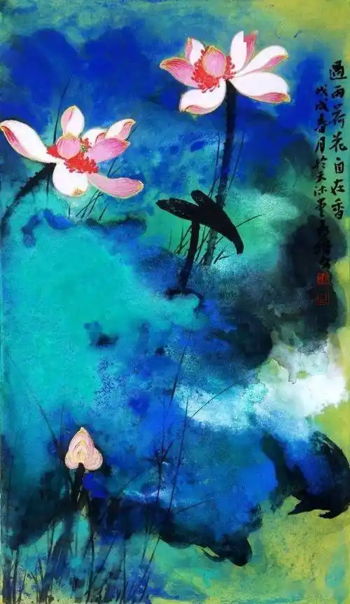 他是张大千再传弟子看看他的泼墨泼彩荷花