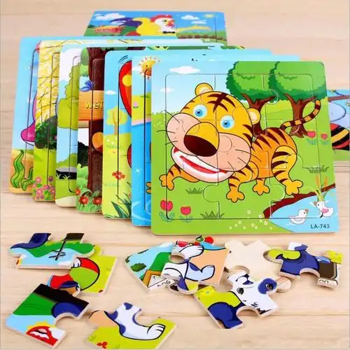 木质拼图儿童玩具男孩女孩宝宝积木手工立体拼装开发智力益智玩具9片