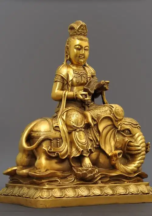 黄铜文殊菩萨普贤菩萨摆件华严三圣居家佛堂寺庙供奉佛像工艺品1尺