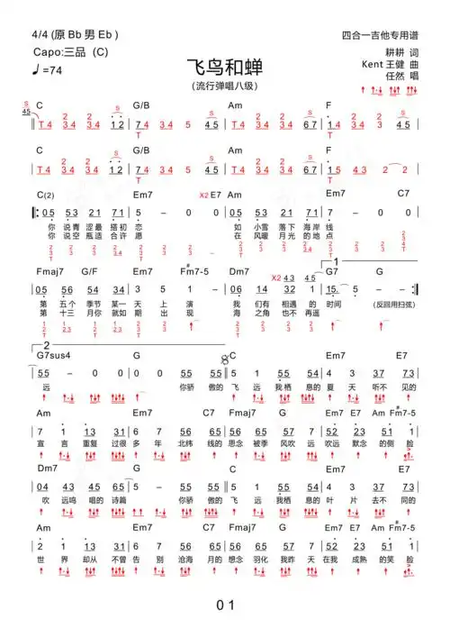 飞鸟和蝉(男生版 新四合一吉他谱)