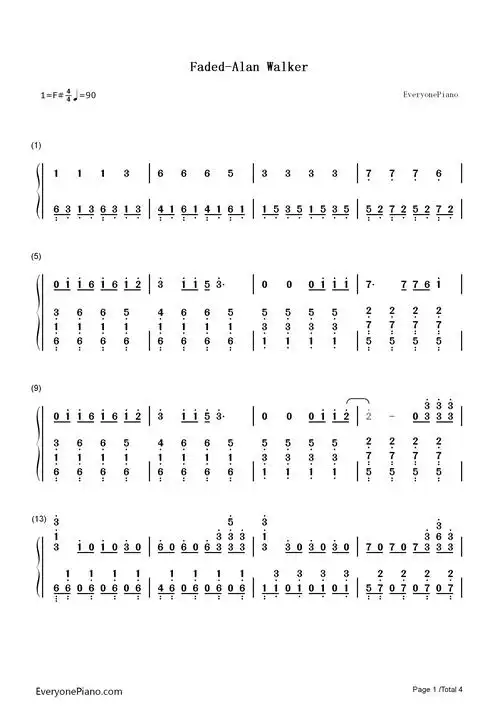 faded-alan walker双手简谱预览1-钢琴谱文件(五线谱,双手简谱,数字谱