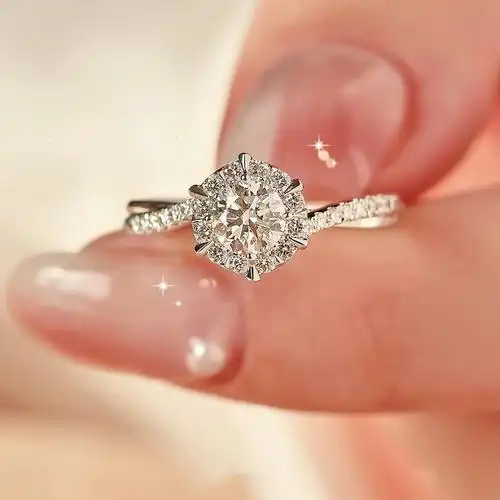 莫桑钻戒指男女925银星织金白六爪50分圆形围镶活口仿真订婚钻戒.