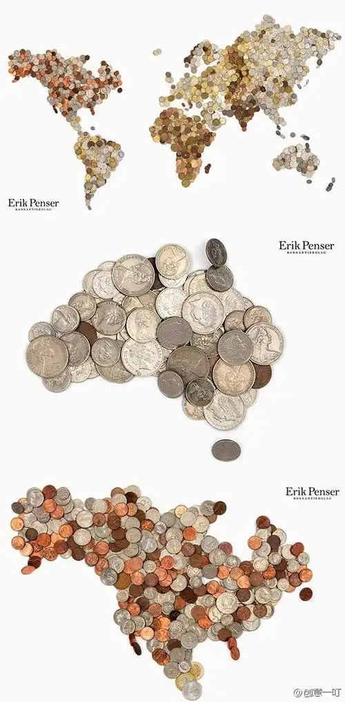 用3000枚硬币拼成的世界地图,不同区域放置的都是对应国家的货币!