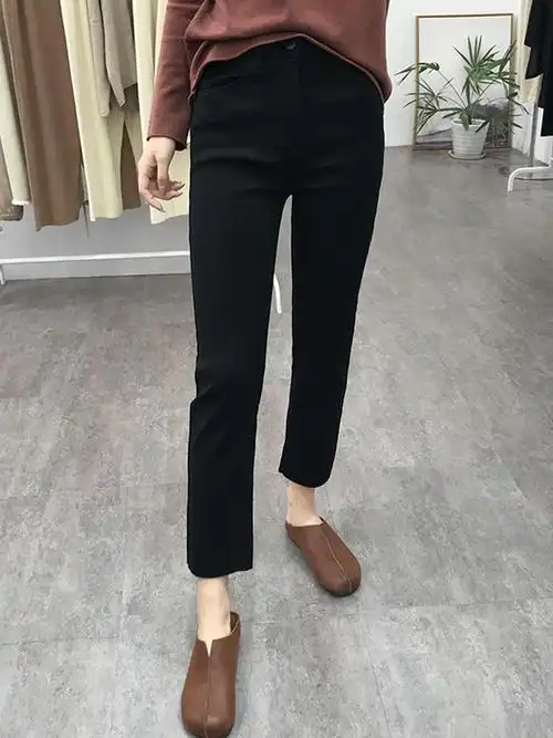 冬季黑色直筒牛仔裤女弹力烟管秋高腰修身显瘦加绒加厚九分直筒裤