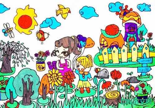 春天的花园儿童画作品图片