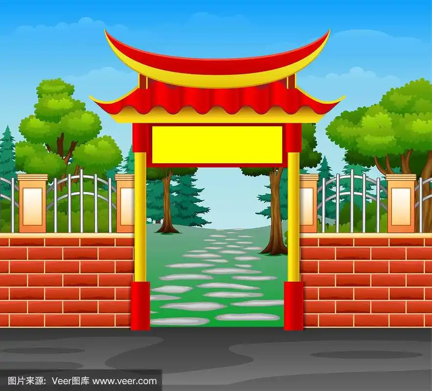 卡通的红色大门进入森林