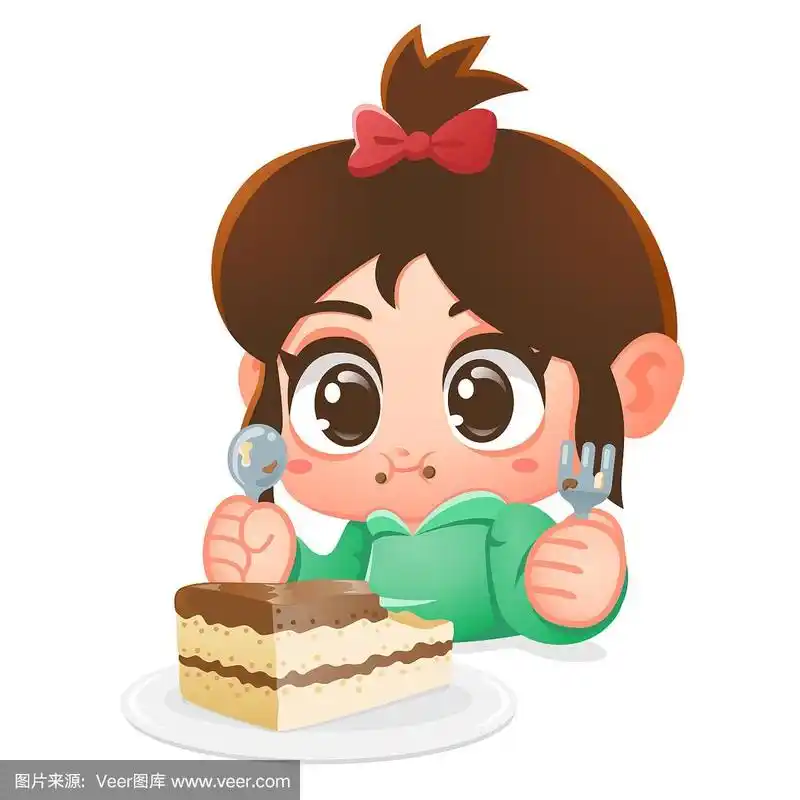 女孩吃巧克力蛋糕.卡通矢量插图.