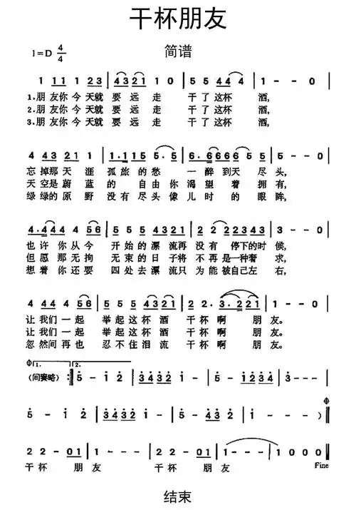 干杯朋友简谱乐谱-虫虫吉他:www.ccguitar.cn