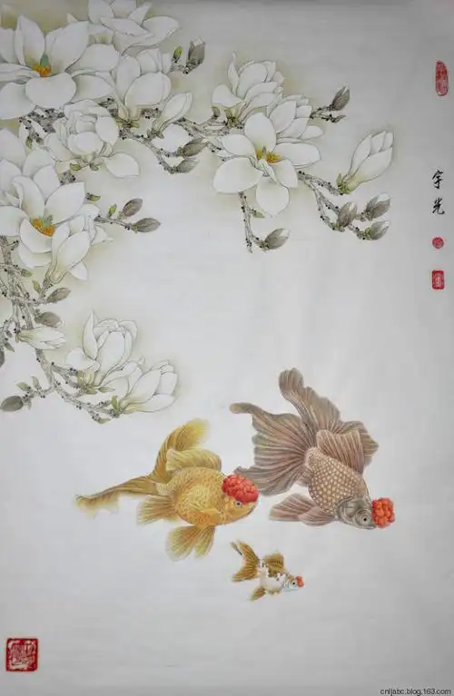 苏宇光工笔画作品金鱼一家图