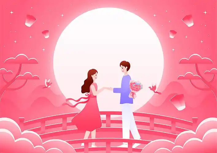 七夕情人节情侣在桥上浪漫约会矢量插画图片下载