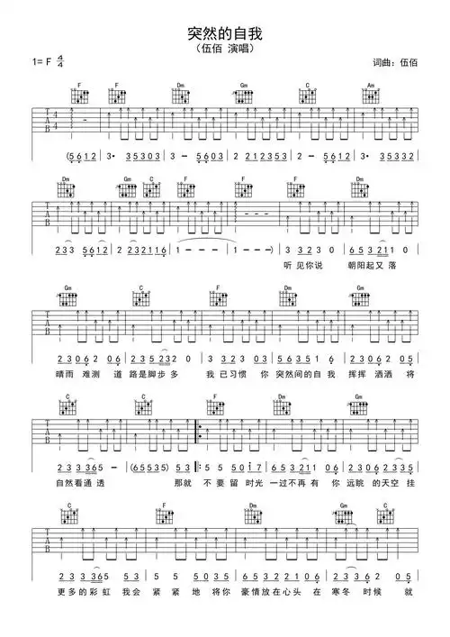 伍佰突然的自我吉他谱f调吉他弹唱谱