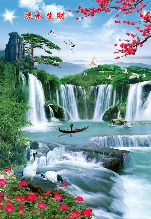> 流水生财桃花仙鹤小船花卉湖水瀑布迎客松中式玄关山水花鸟玄关
