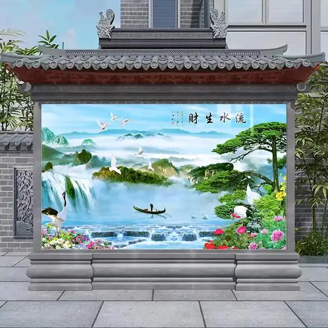 庭院山水画背景墙效果图.#创作灵感 庭院影壁墙照壁墙瓷砖壁画 - 抖音