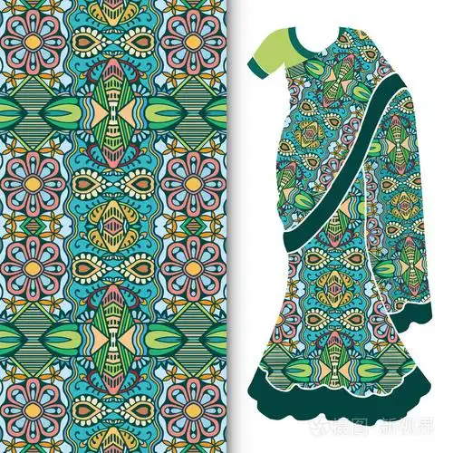 装饰风格化印度纱丽女性民族服饰与无缝装饰图案