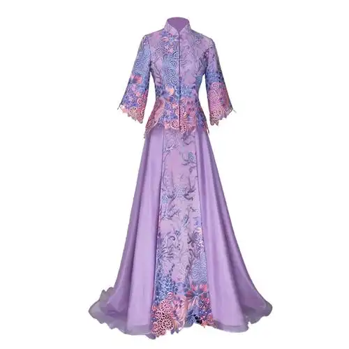 ninading秀禾2020新款中式拖尾新娘紫色薄款婚纱礼服