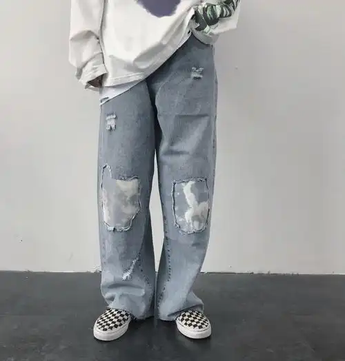 新款浅蓝色chic高腰补丁裤子韩版宽松破洞显瘦百搭直筒牛仔裤女