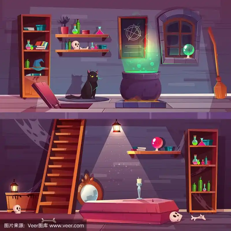 房屋,地下室,女巫,矢量,背景