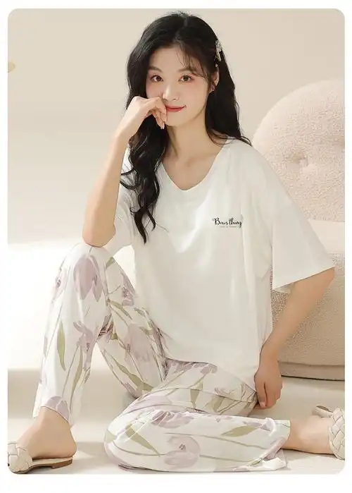 【鑫发】文件3-46(带胸垫)莫代尔睡衣女春夏季短袖长裤套头女家居服