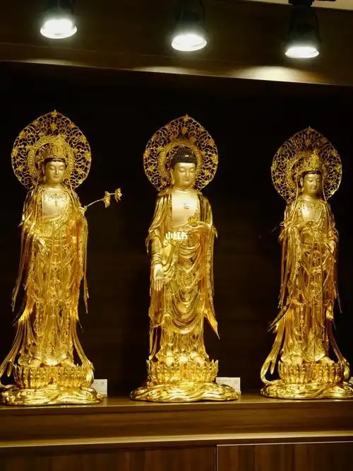 纯铜掐丝贴金镶宝西方三圣佛像摆件