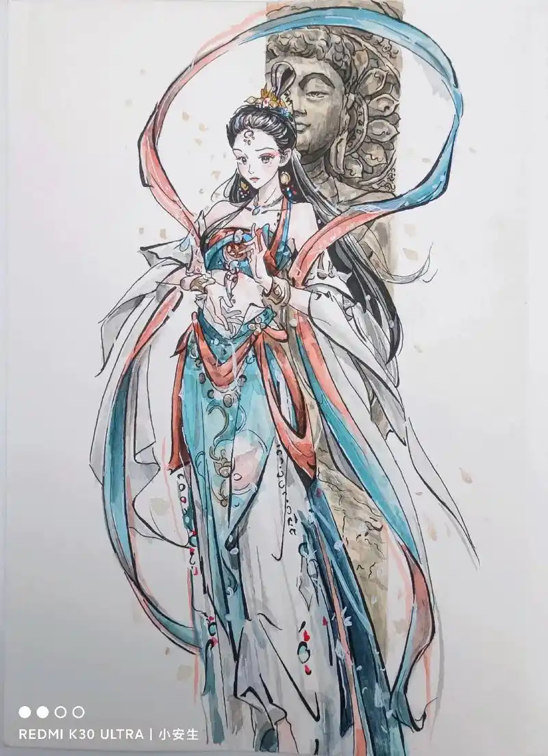 敦煌飞天神女   水彩手绘.国风之美,水墨,附过程图 #水彩 - 抖音